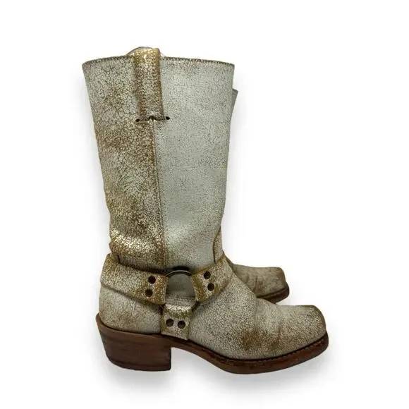 FRYE Harness 12R Leather Belted Western Moto Crackle White Square Toe 7 Women’s